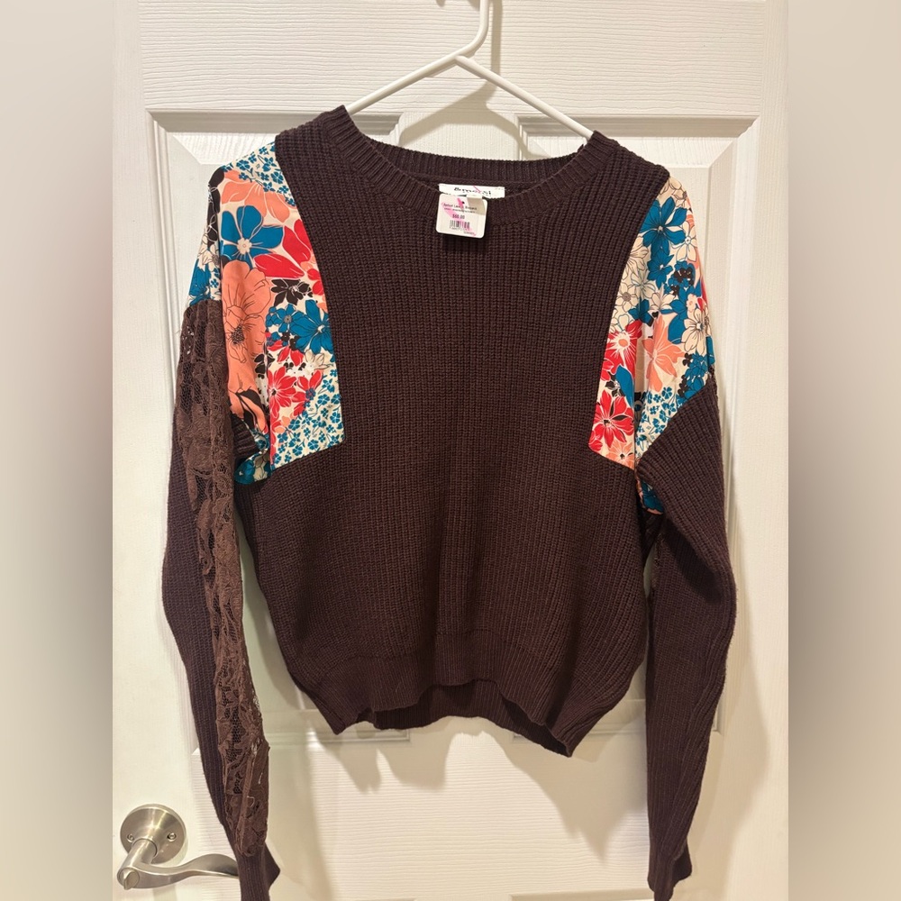 &‎ Merci Brown Sweater with Floral design on sleeves